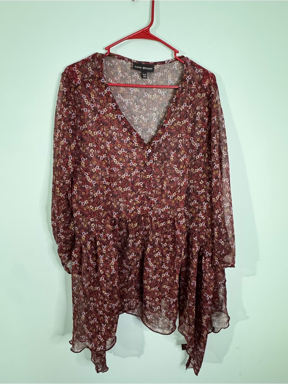 Lane Bryant Maroon Floral V-Neck Peplum Tunic